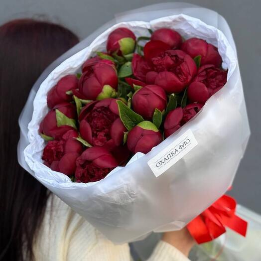 Букет из бордовых пионов, 15шт