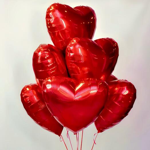 Фонтан 7 шаров. Сердце. Набор Шаров. Воздушные Шары фольгированные. Влюбленные красные сердца