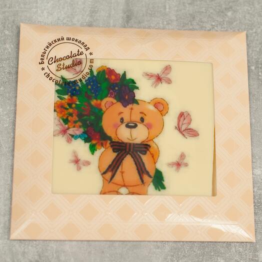 Шоколадная  открытка  70 гр Мишка с букетом