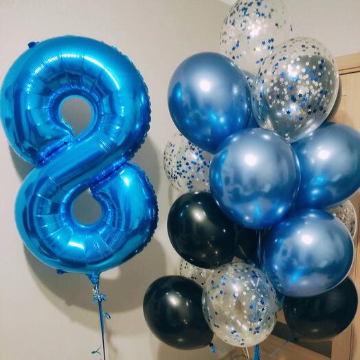 Шар цифра с фонтаном из 18 гелиевых Шаров, воздушные гелиевые шарики на 8 лет мальчику, сыну, брату