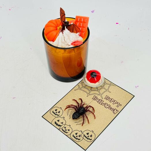 Свеча в стакане с открыткой на Хеллоуин Halloween