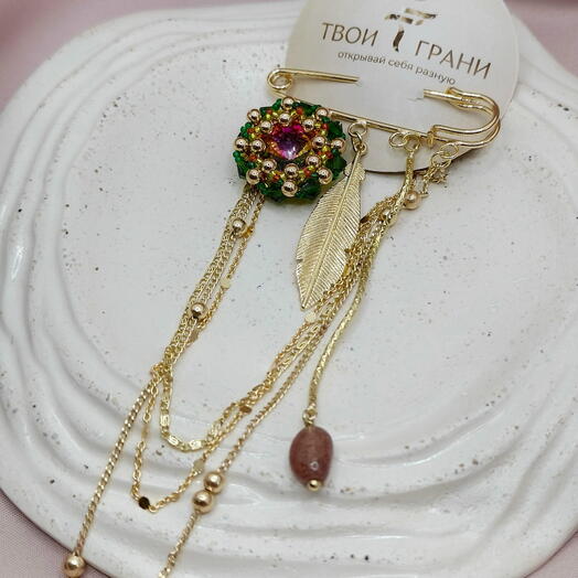 Брошь-булавка с клубничным кварцем