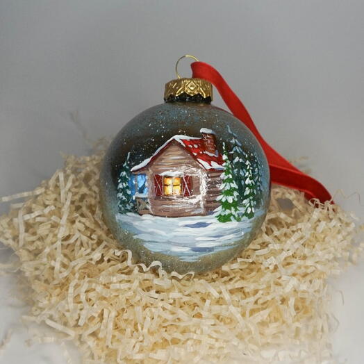 Ёлочный шар из стекла "Снежный домик", ручная роспись