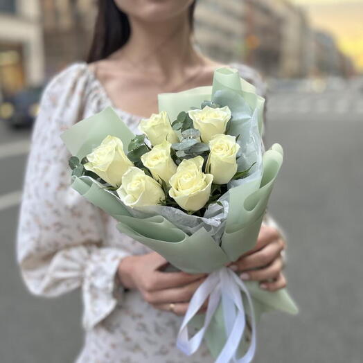 💙Солнечный букет из кенийской розы и эвкалипта 008