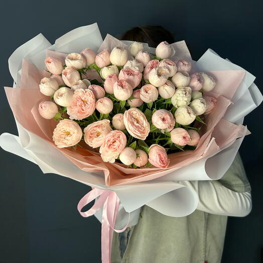  «Розовое облако»: 🎀монобукет из кустовых пионовидных роз «Мэнсфилд Парк»💝