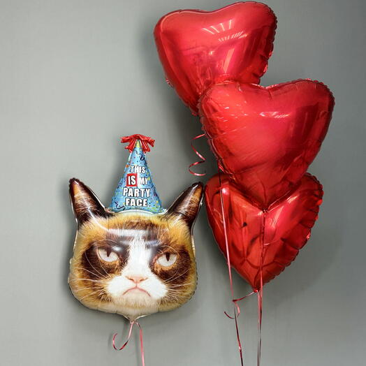Шары на день рождения «Угрюмый кот с сердцами», 4 шт