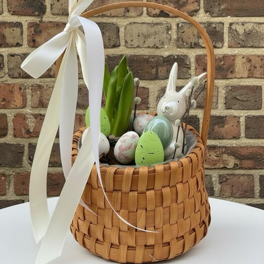 Весенняя композиция в корзине с первоцветом, луковица гиацинта с пасхальным декором