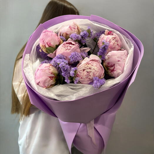 Фиолетовый букет 💜 | Розовые Пионы и Статица