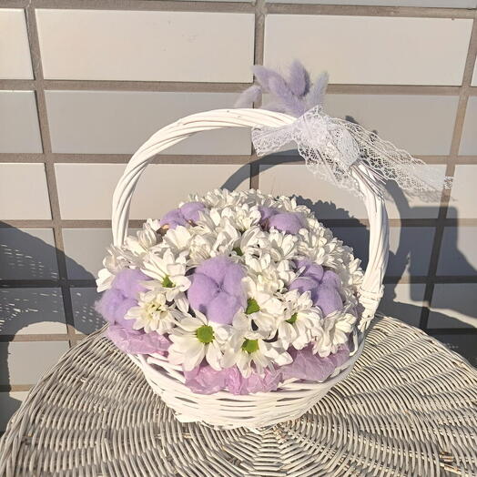 Лукошко ромашек и хлопок 💜Корзинка с ромашками Сухоцветы Лагурус День Рождения Маме Девушке