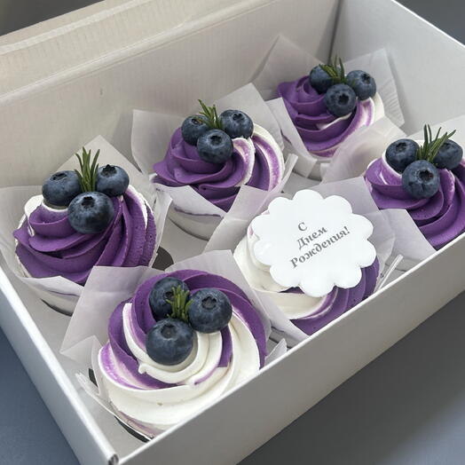 Капкейки в бело-фиолетовом оформлении "Happy birthday" (6 штук)