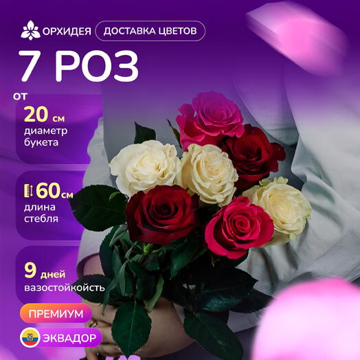 Букет 7 Роз 60 см микс
