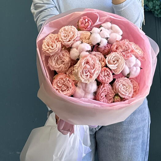 Нежный букет с розой и хлопком 💕