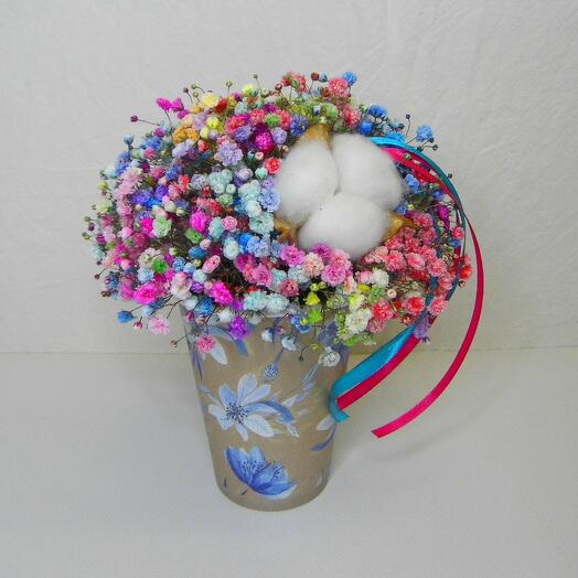 Rainbow gypsophila in a Gzhel craft cup