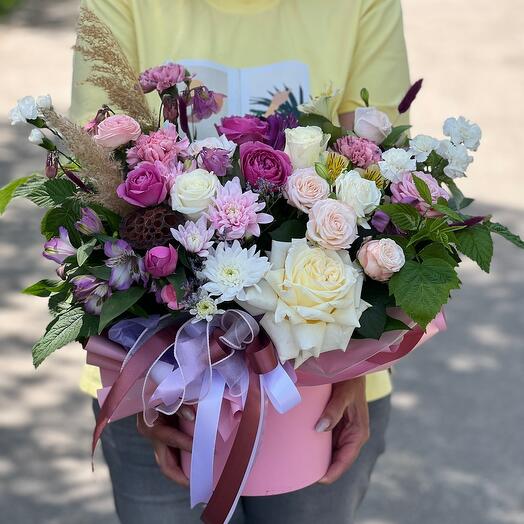 ✅Caja de sombreros de rosas de peonía, Dianthus,crisantemo y alstroemeria