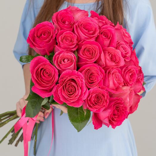 25 rich pink roses in a bouquet
