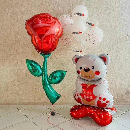 Композиция из воздушных шаров роза с мишкой i love you на день святого Валентина 9 шт