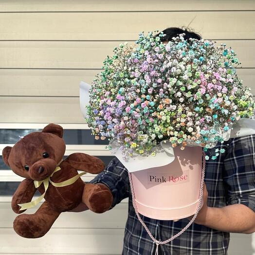 Коробка ярких гипсофил + мишка