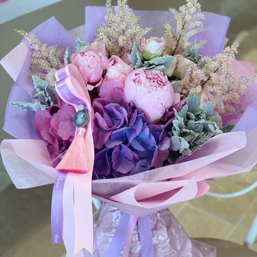 Pink crinckle bouquet of hydrangeas and peonies