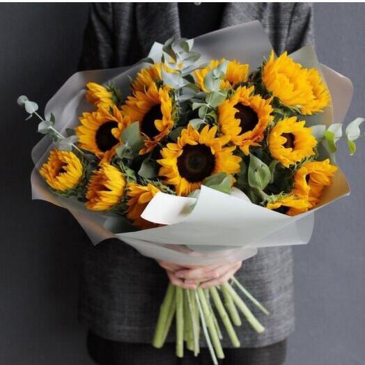 Bouquet of sunflowers with eucalyptus