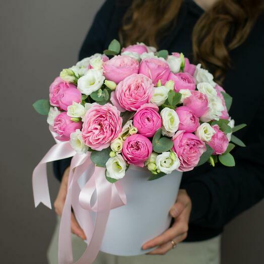 Peony Rose and White Eustoma Hatbox-1972