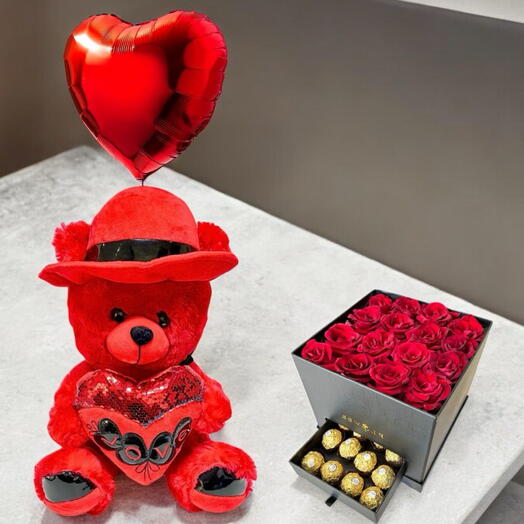 Red rose Flower box set with teddy bear   balloon