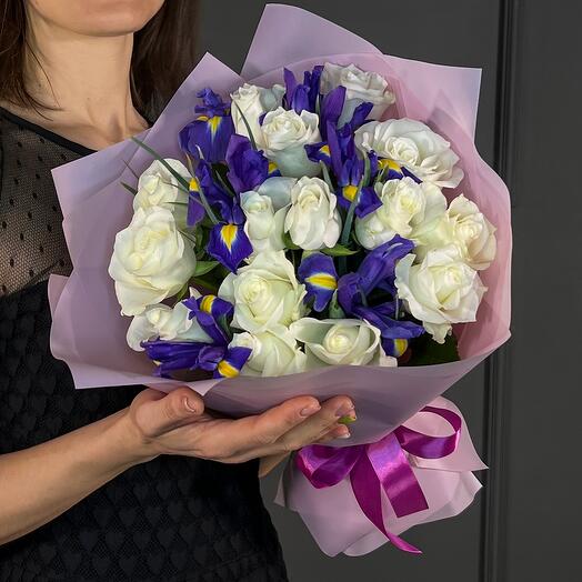 Bouquet of snow-white roses and irises