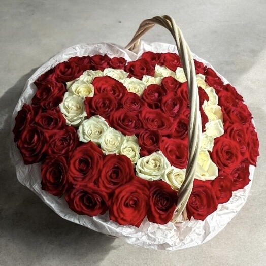 70 Roses in basket with heart