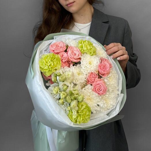 Букет Green lady, хризантема, диантус , кустовая Роза , эустома