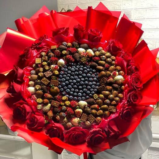 Bouquet of chocolate-covered strawberries and handmade candies