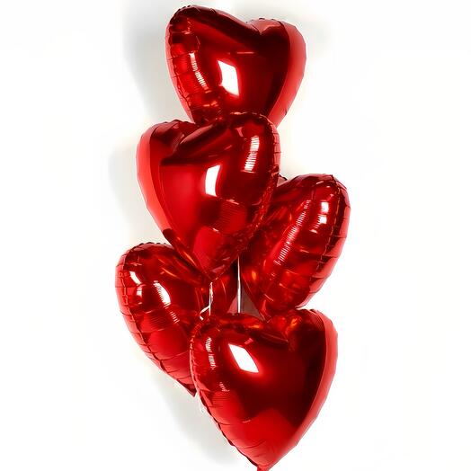 Фонтан 5 шаров Сердце. Набор Шаров. Воздушные Шары фольгированные. Влюбленные красные сердца