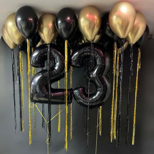 Шары под потолок и черные цифр. С дождиком, хром золото и черные, на день рождения для мужчин