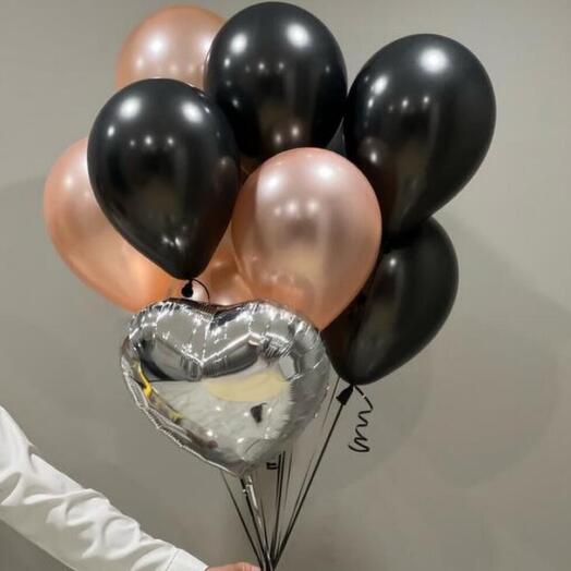 Связка чёрно-розовых шариков с сердцем