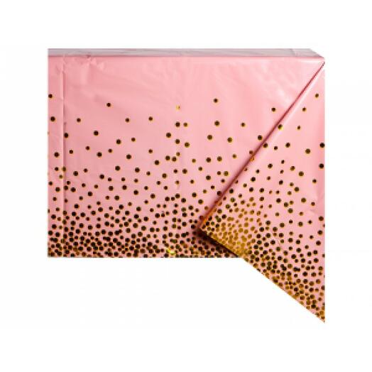 Скатерть одноразовая розовая в золотой горох