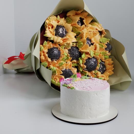 Букет подсолнухов из зефира и бенто торт