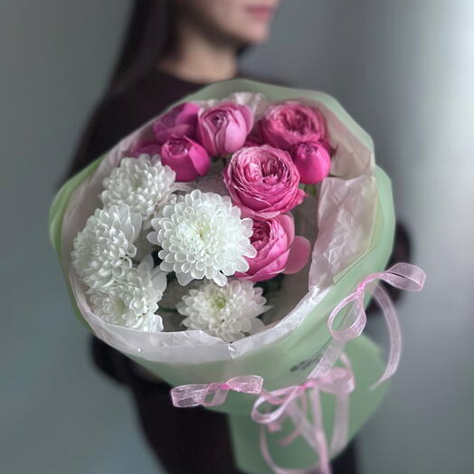 TENDER FEELINGS bouquet peony Rose Silva Pink and spray chrysanthemum Altay