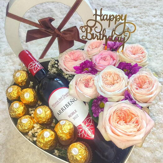 Birthday Arrangement with Roses, Wine and Chocolates