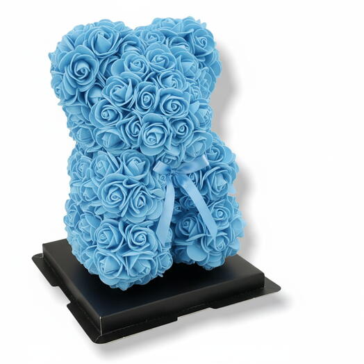 ursinho azul de rosas de espuma, rosas artificiais eternas, ursinho de rosas em caixa