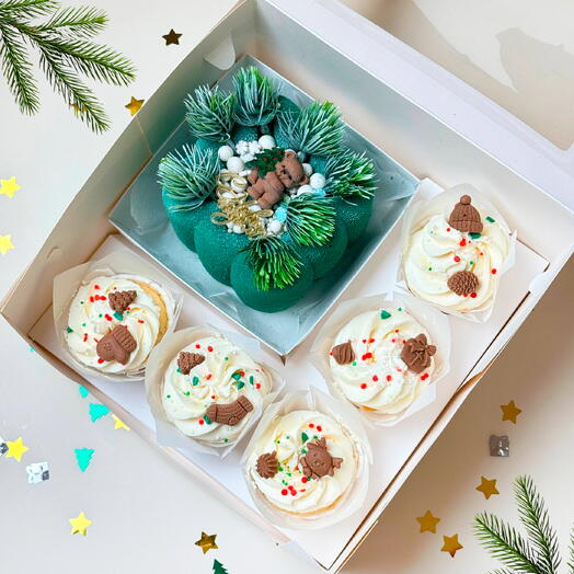 Новогодний набор муссовый торт и 5 капкейков