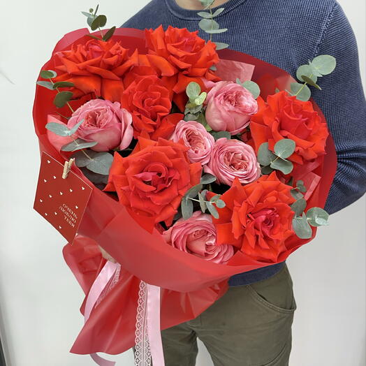 «Ты самая лучшая!» -с пионовидной и французской розами