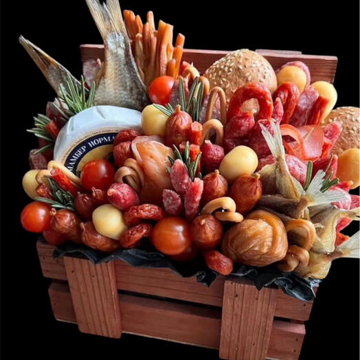 Мужской съедобный букет на день рождения юбилей в ящике колбасный бокс подарок мужчине