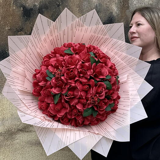 Букет 51 красная мыльная роза, французские цветы из мыла для любимой