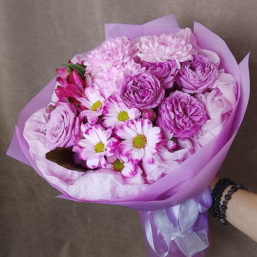 💓 Хризантема с пионовидной розой и альстромерией