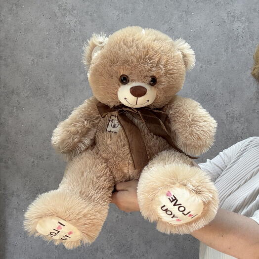 Мягкая игрушка бежевый мишка с бантом «ILY»