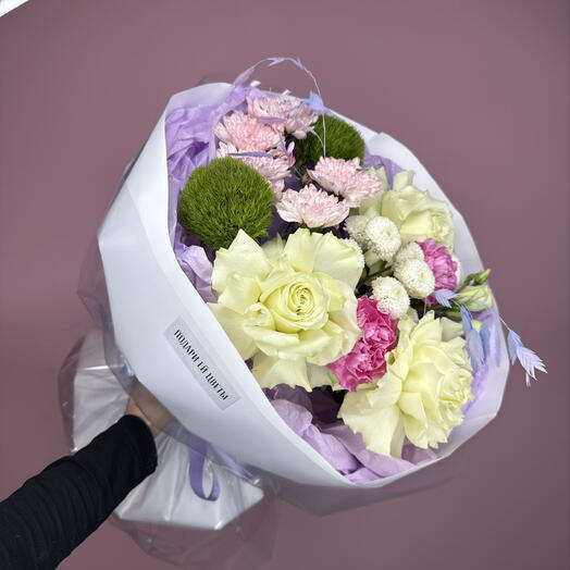 Букет Роза белая, гвоздика зеленая, хризантема, сухоцвет, эустома для жены, мамы, бабушки день рождения, юбилей