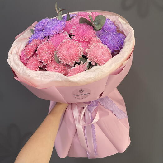 Нежная хризантема с эвкалиптом💜🩷