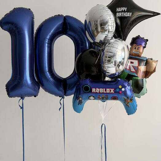 Шары мальчику на 10 лет — цифра 10, джойстик, герой, звезда с надписью и фонтан из шаров