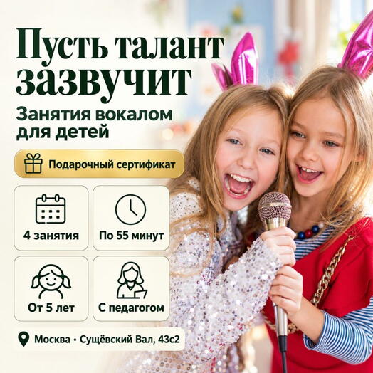 Подарочный сертификат «Занятия вокалом для детей» (4 занятия по 55 мин, 1 ребенок (в составе группы))