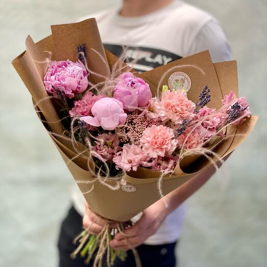 ♻️Экобукет 🌱 с пионами, лизиантусом и лавандой в крафте