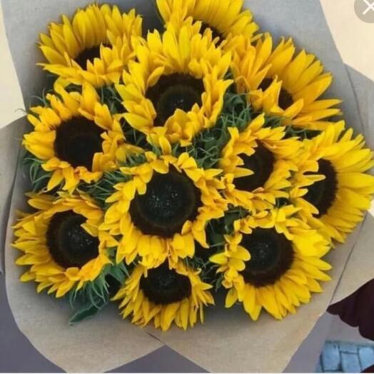 11 fashionable varietal sunflowers in a light neutral gray design . Classic round bouquet