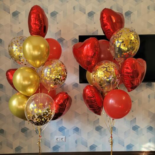 Two fountains of chrome balls, with confetti and foil hearts. Total 24 balls